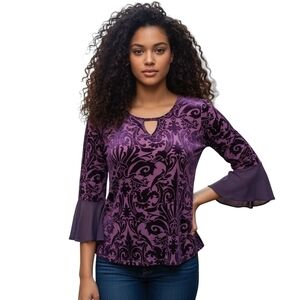 Womens Velvet Burnout Size M Burgundy Dark Plum Bell Sleeve Whimsigoth Witchy